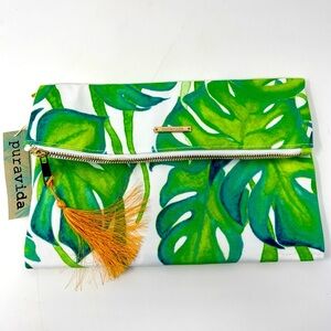 Pure Vida Palm Clutch, Tropical Leaf Print Toiletry Soft Clutch Cosmetic Bag